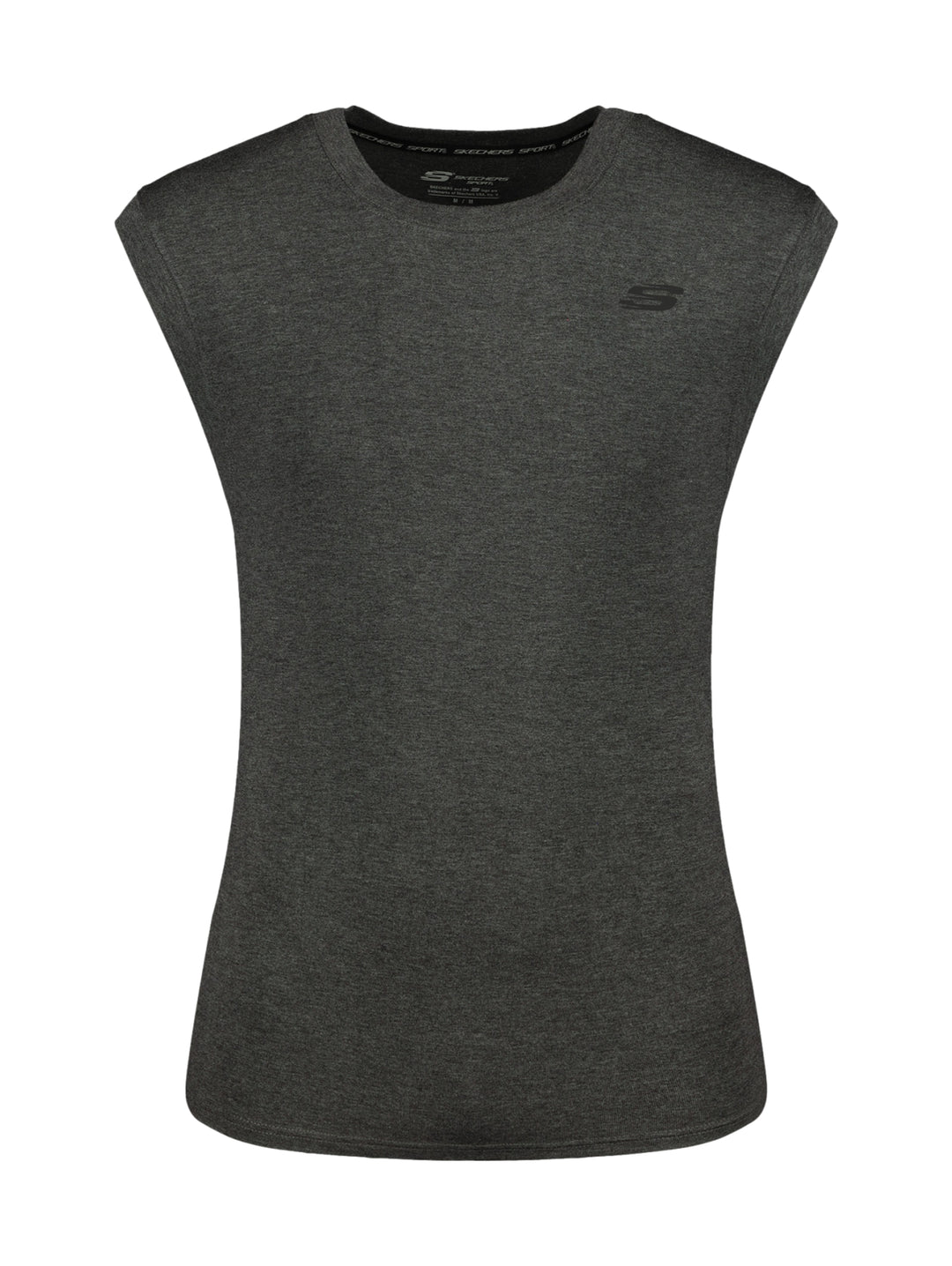 Camiseta deportiva sin mangas de color gris oscuro marca Skechers.