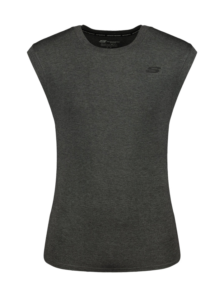 Camiseta deportiva sin mangas de color gris oscuro marca Skechers.