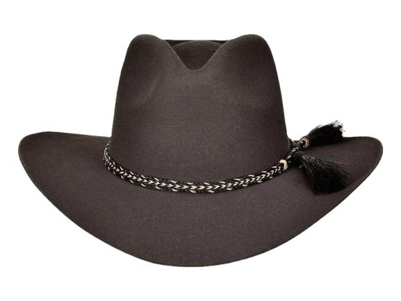 Sombrero vaquero de lana color gris oscuro con banda trenzada decorativa en la base de la copa.