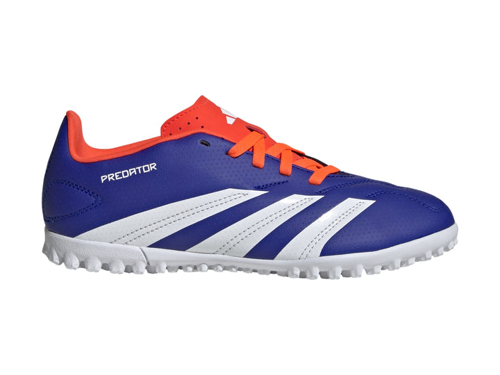 Zapato de fútbol Adidas Predator azul con franjas blancas y detalles en rojo solar para niños.