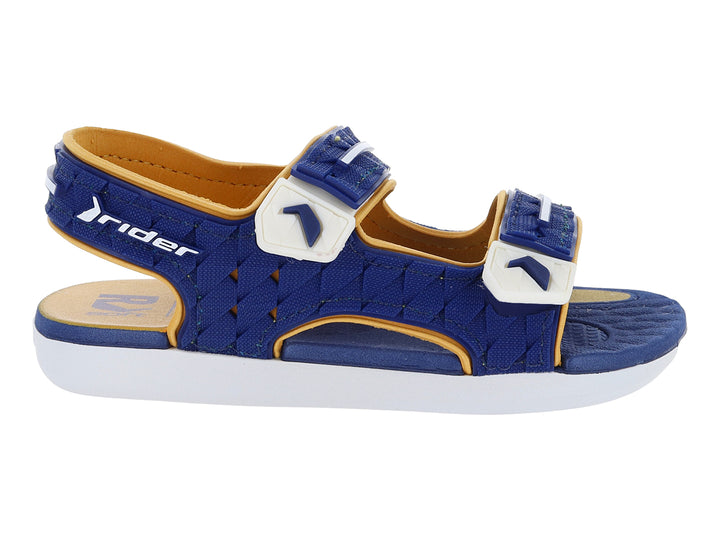 Sandalia Rider para bebé en color azul con detalles amarillos y blancos, con correas ajustables.