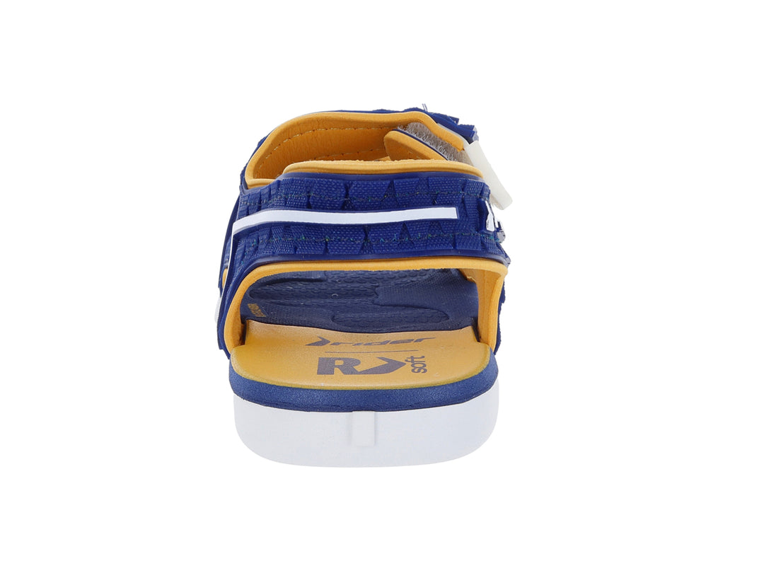 Sandalia Rider para bebé en color azul con detalles amarillos y blancos, con correas ajustables.