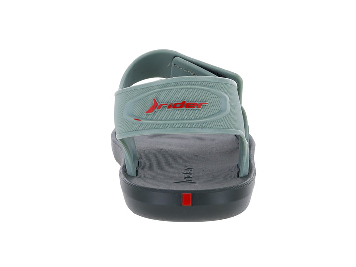 Sandalia infantil Rider de color verde con suela gris oscuro y correas ajustables.