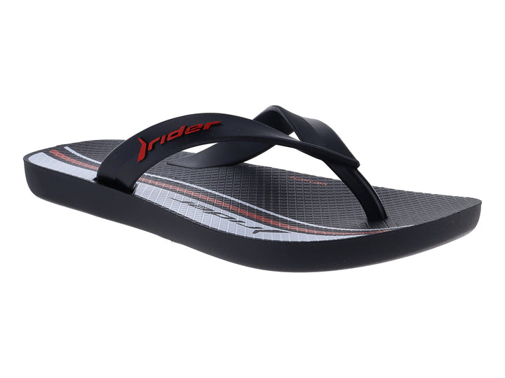 Sandalias Rider infantiles color negro con detalle blanco y logo rojo, estilo urban thong.