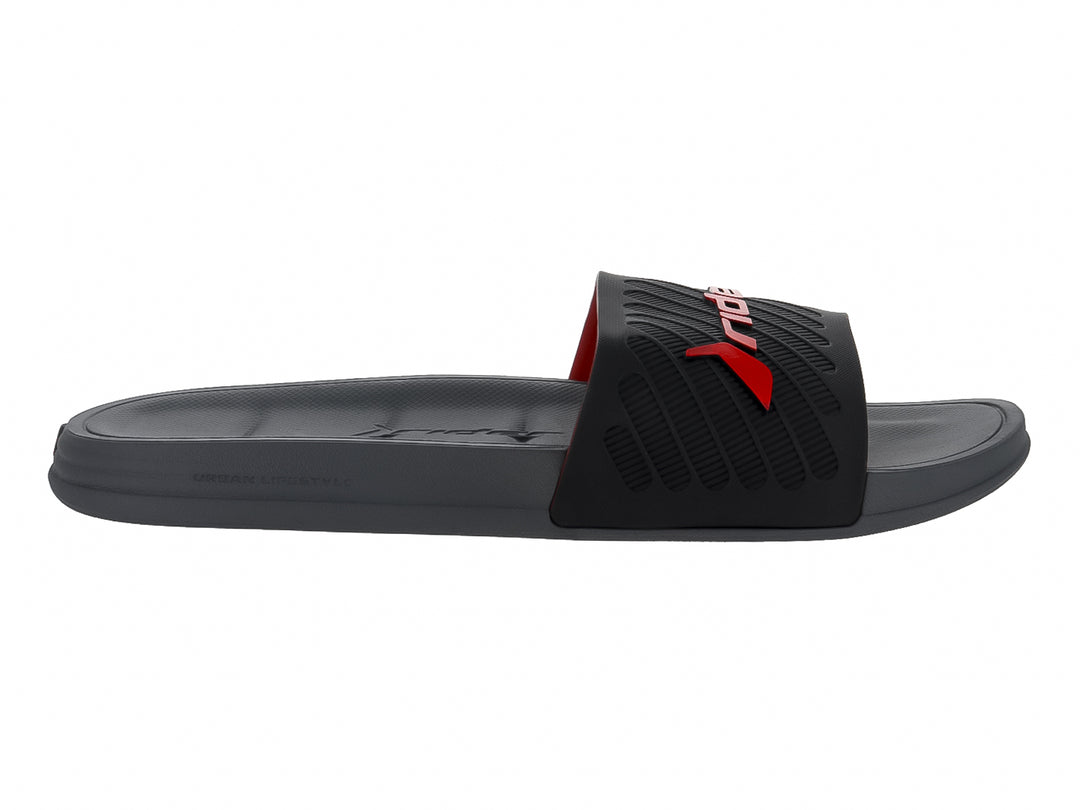 Sandalia tipo slide marca Rider en color gris con detalles en rojo.