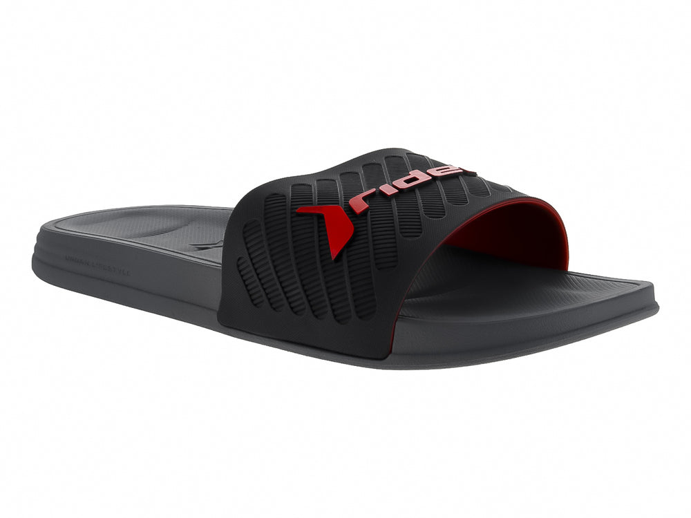 Sandalia tipo slide marca Rider en color gris con detalles en rojo.