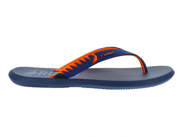 Sandalia Rider Prime Thong en color azul con correas naranjas y diseño deportivo.