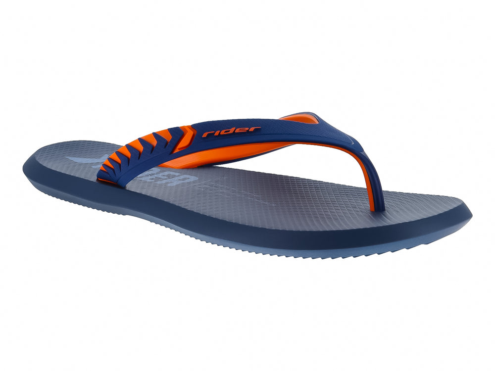 Sandalia Rider Prime Thong en color azul con correas naranjas y diseño deportivo.