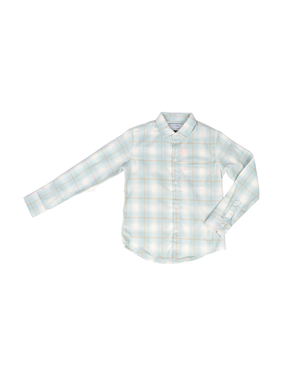 Camisa de manga larga para niño color menta con diseño de cuadros y botones frontales.