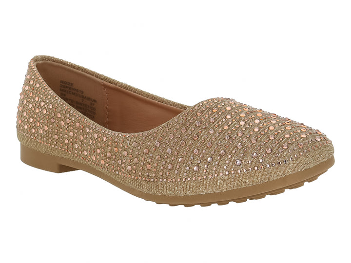 Zapato plano tipo balerina color dorado con acabado brillante y pedrería en toda la superficie.
