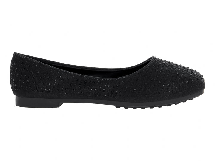 Zapato plano tipo ballerina color negro con detalles de pequeñas cuentas brillantes.