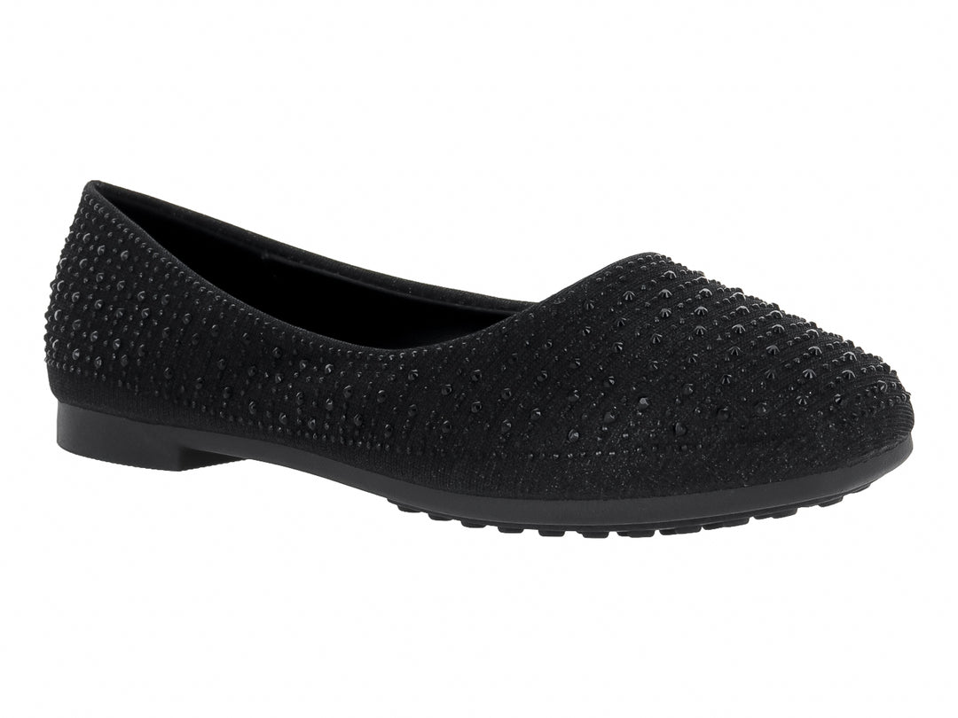 Zapato plano tipo ballerina color negro con detalles de pequeñas cuentas brillantes.