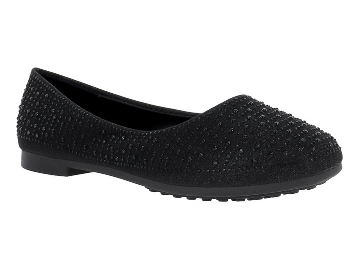 Zapato plano tipo ballerina color negro con detalles de pequeñas cuentas brillantes.