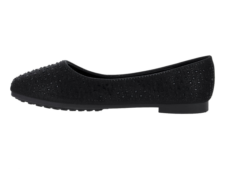 Zapato plano tipo ballerina color negro con detalles de pequeñas cuentas brillantes.