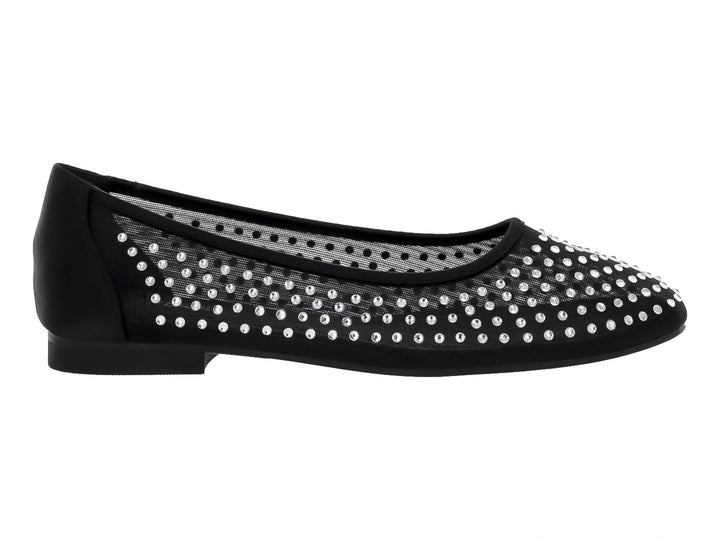 Zapato plano negro con malla y detalles de pequeños brillantes plateados.