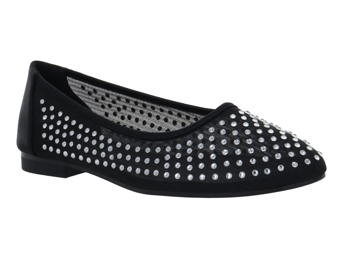 Zapato plano negro con malla y detalles de pequeños brillantes plateados.