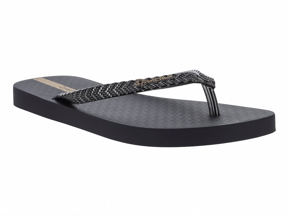 Sandalias Ipanema negras para mujer con tiras brillantes en tonos gris y beige.