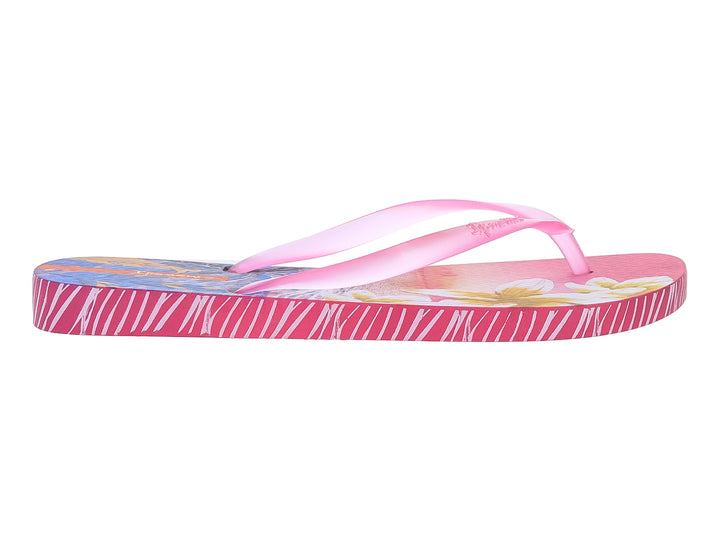 Sandalias Ipanema color rosa con tiras delgadas y estampado floral en la plantilla y rayas laterales blancas.