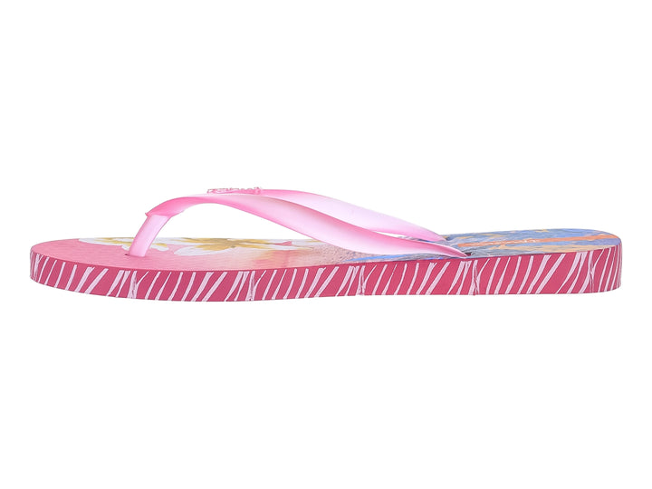 Sandalias Ipanema color rosa con tiras delgadas y estampado floral en la plantilla y rayas laterales blancas.