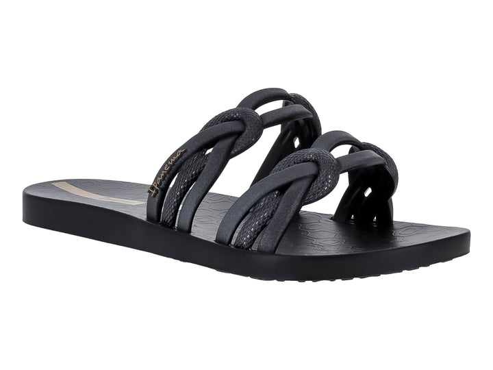 Sandalia slide Ipanema color negro y plata con correas entrelazadas en forma de nudo.