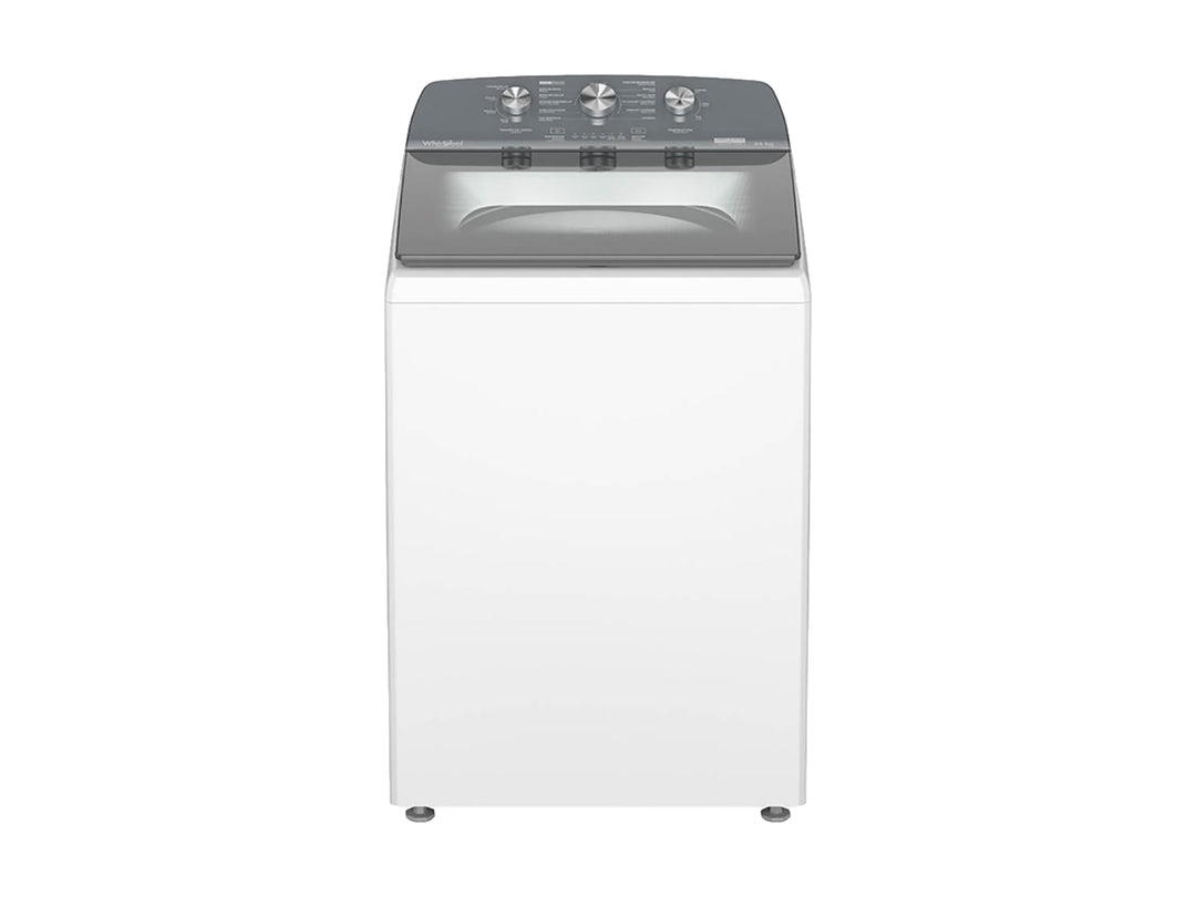 Lavadora automática Whirlpool de carga superior en color blanco con panel de control gris.