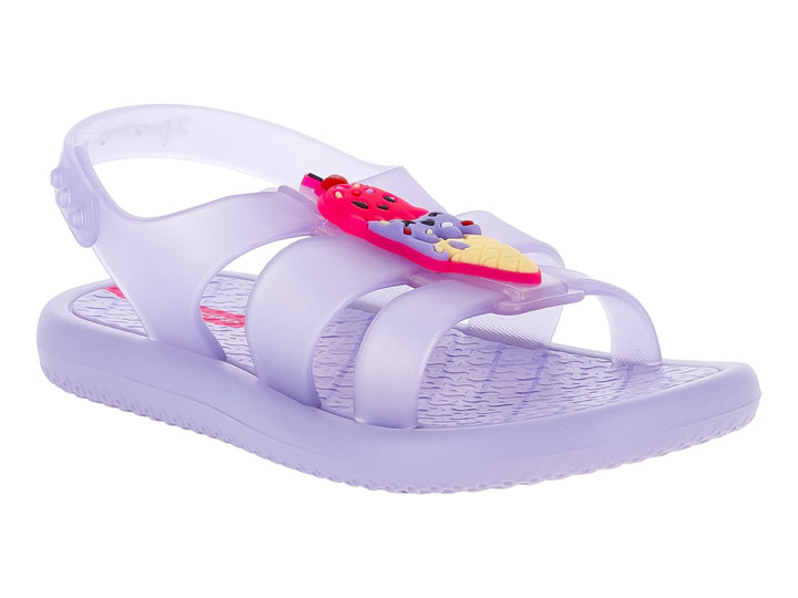 Sandalia infantil Ipanema color violeta lila perlado con adornos coloridos en la correa superior.