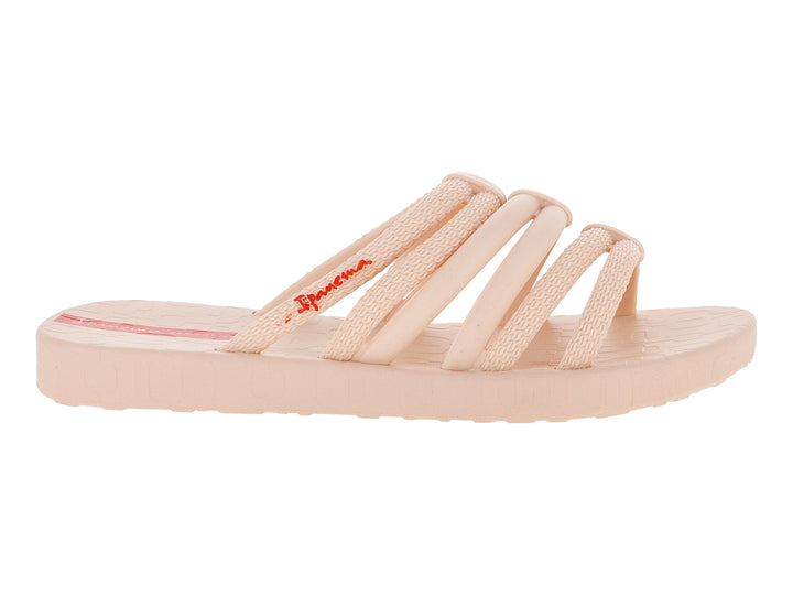 Sandalia slide Ipanema para niños en color beige con detalles en rojo y múltiples correas.
