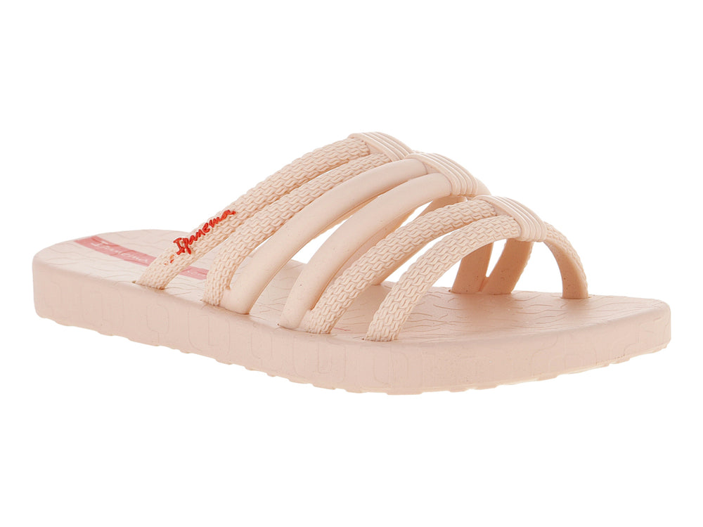 Sandalia slide Ipanema para niños en color beige con detalles en rojo y múltiples correas.