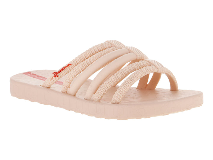 Sandalia slide Ipanema para niños en color beige con detalles en rojo y múltiples correas.