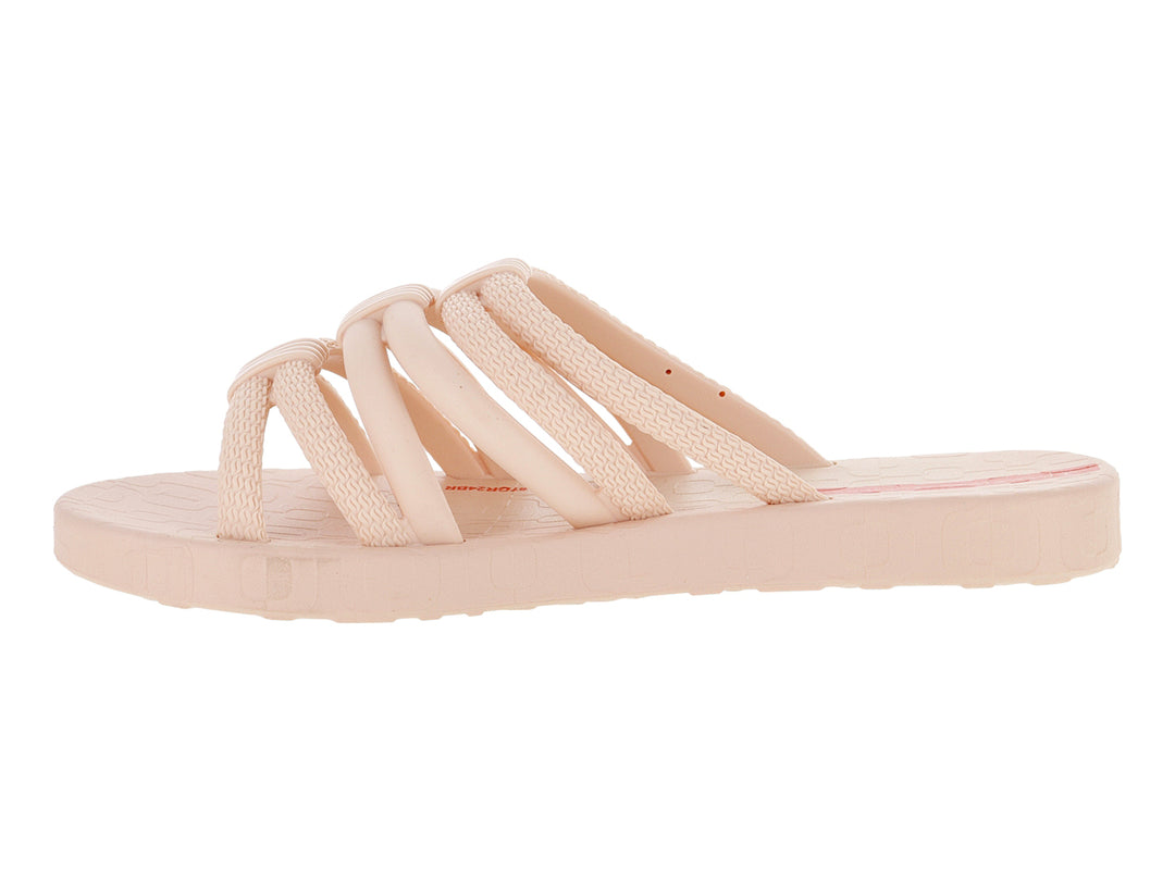 Sandalia slide Ipanema para niños en color beige con detalles en rojo y múltiples correas.