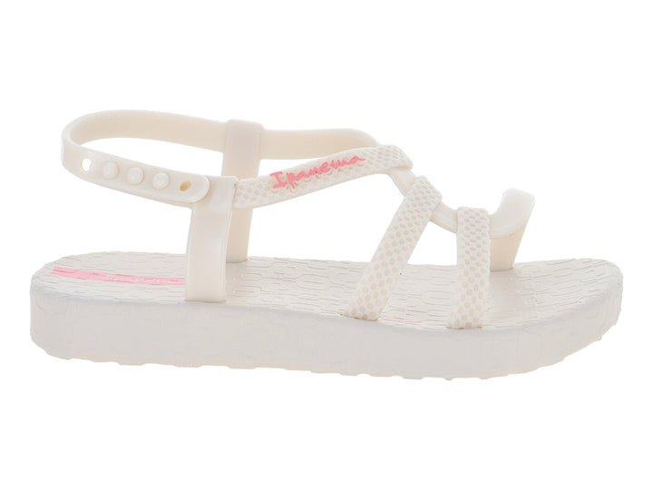 Sandalia para bebé Ipanema color hueso con detalles en rosa y tiras ajustables.
