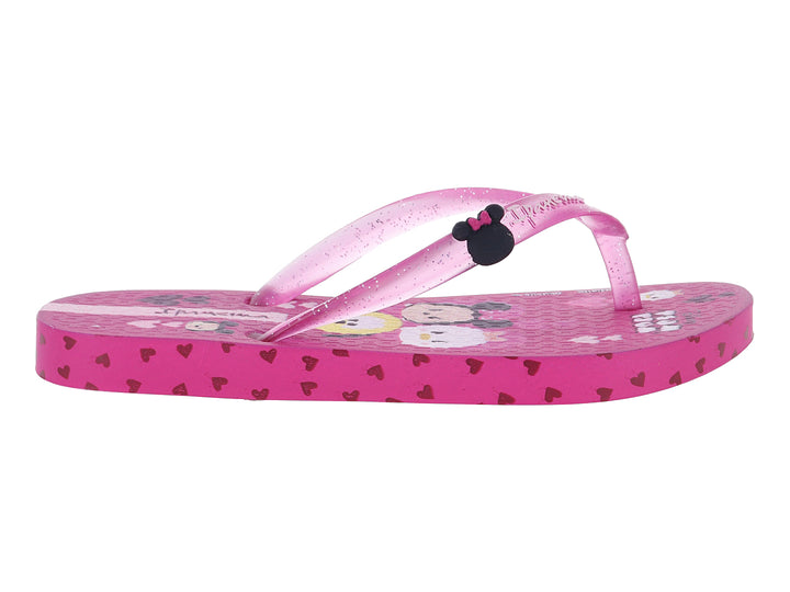 Sandalias Ipanema rosa perlado para niña con diseño de Minnie Mouse y estampado de corazones rojos.