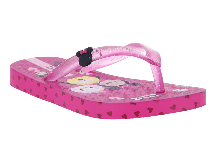 Sandalias Ipanema rosa perlado para niña con diseño de Minnie Mouse y estampado de corazones rojos.