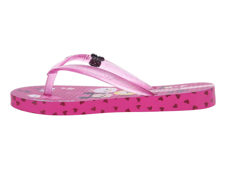 Sandalias Ipanema rosa perlado para niña con diseño de Minnie Mouse y estampado de corazones rojos.