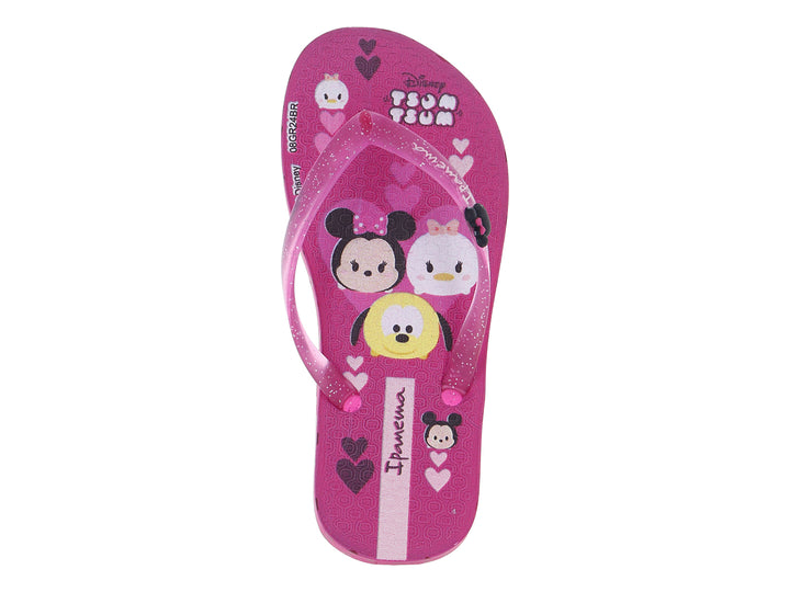 Sandalias Ipanema rosa perlado para niña con diseño de Minnie Mouse y estampado de corazones rojos.