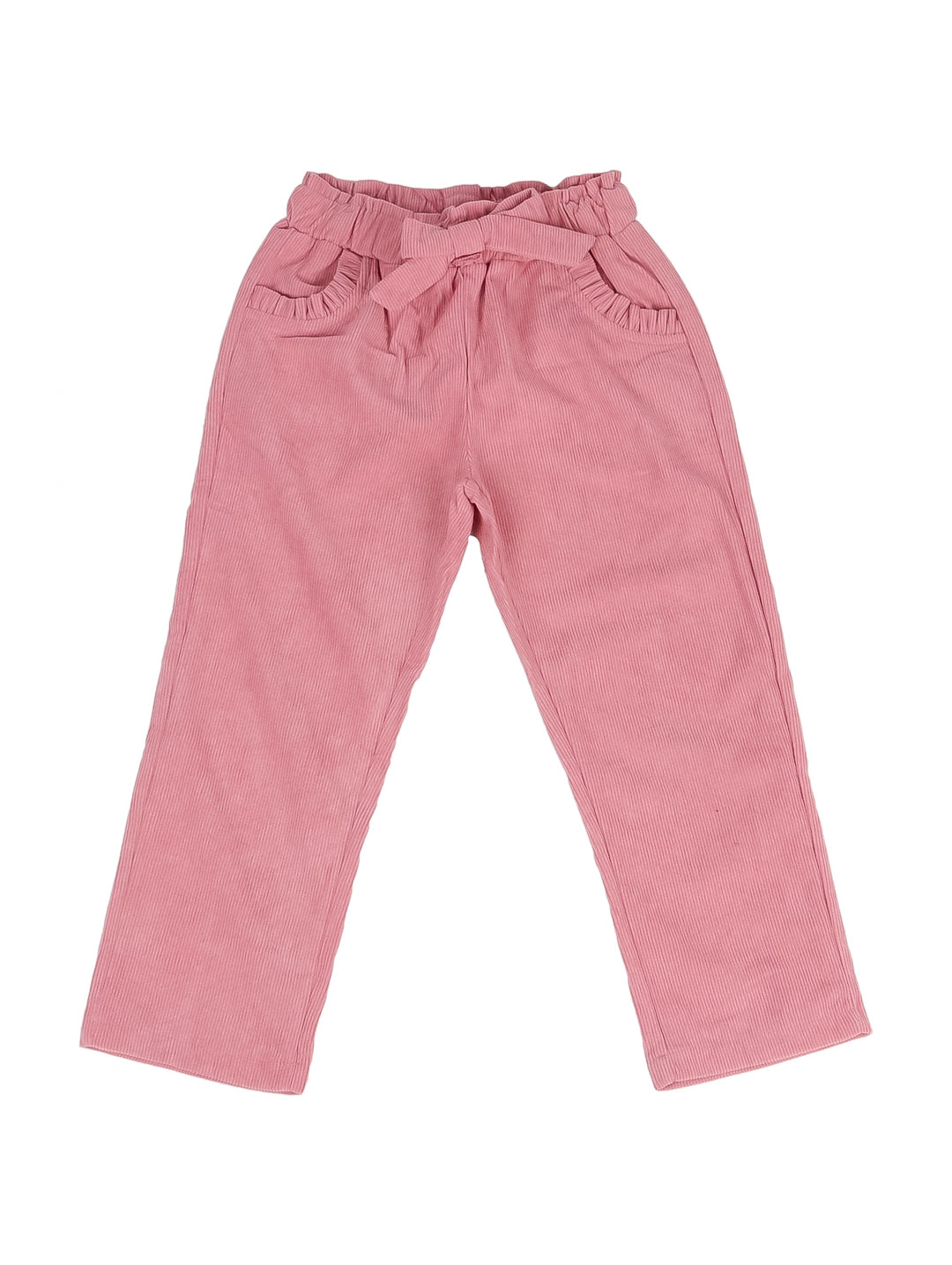 Pantalón rosa para niña con moño en la cintura y textura de pana.