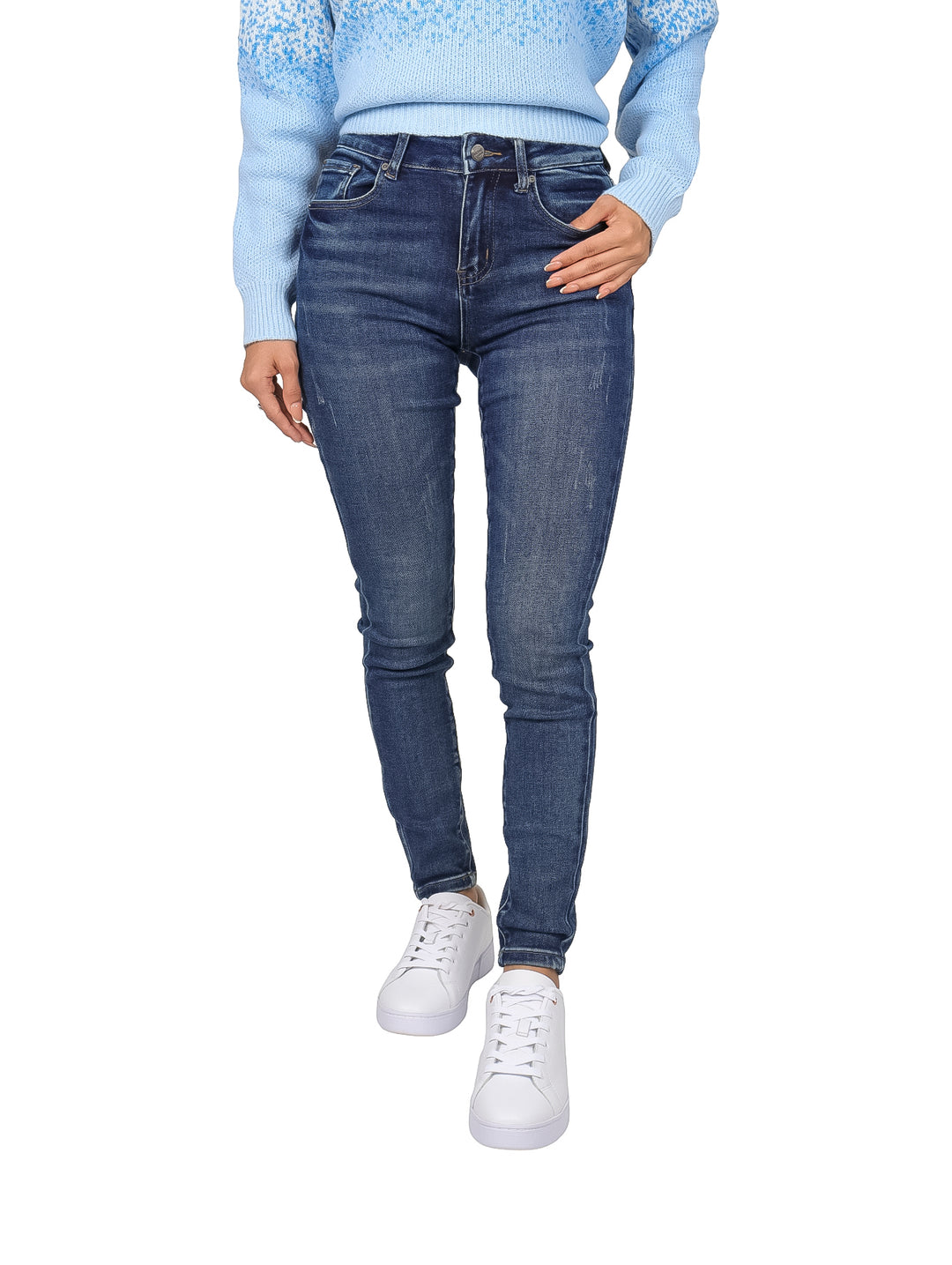 Pantalones jeans skinny color azul oscuro con detalles de desgaste para mujer.