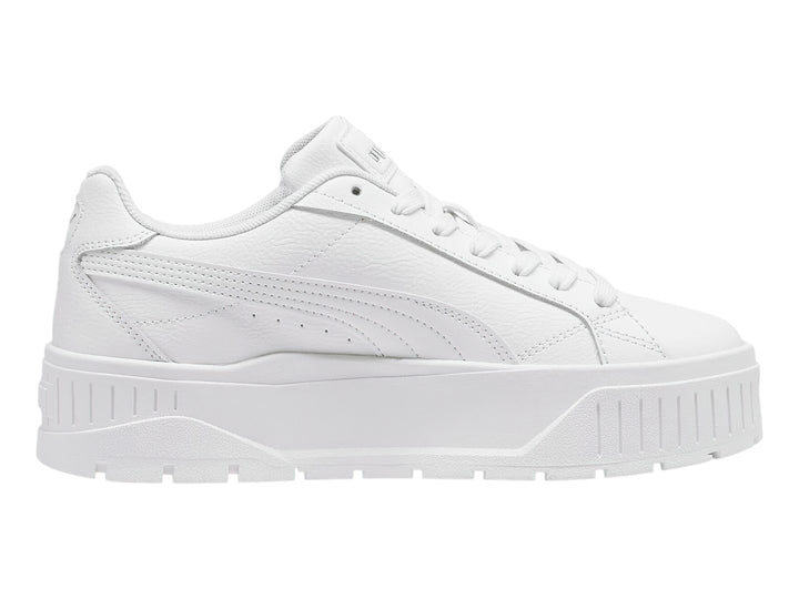 Tenis PUMA Carmen II L en color blanco con suela de plataforma gruesa y detalles en plata.