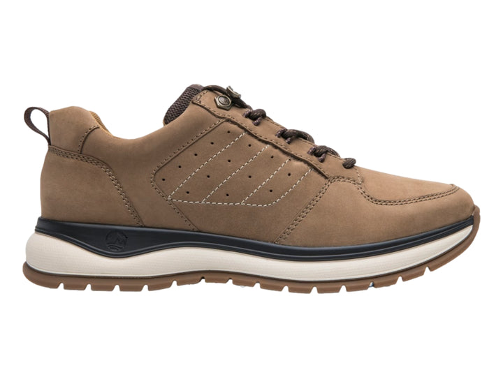 Zapato casual Flexi color taupe con cordones y suela blanca y negra.