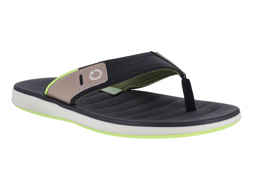 Sandalias Cartago de dedo en color negro y gris con suela blanca y detalle verde en la base.