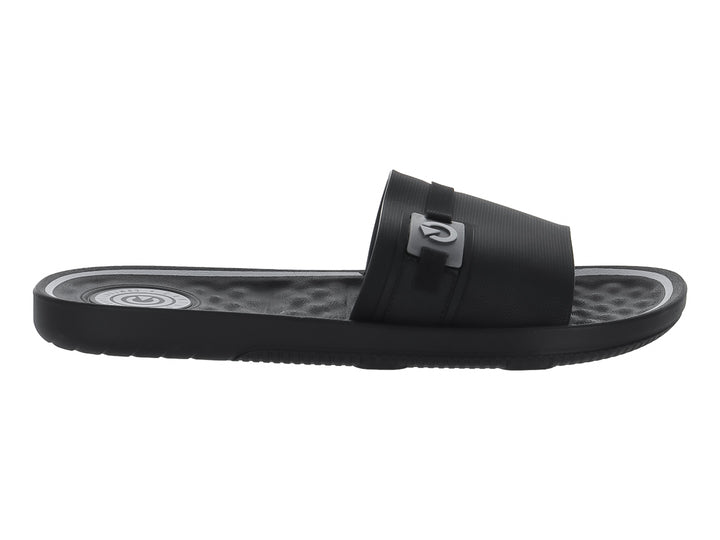 Sandalia tipo slide color negro con detalles en gris.