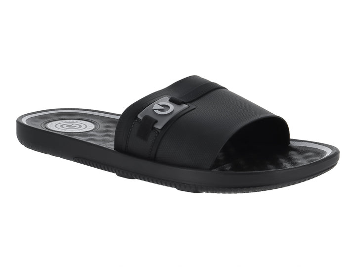 Sandalia tipo slide color negro con detalles en gris.