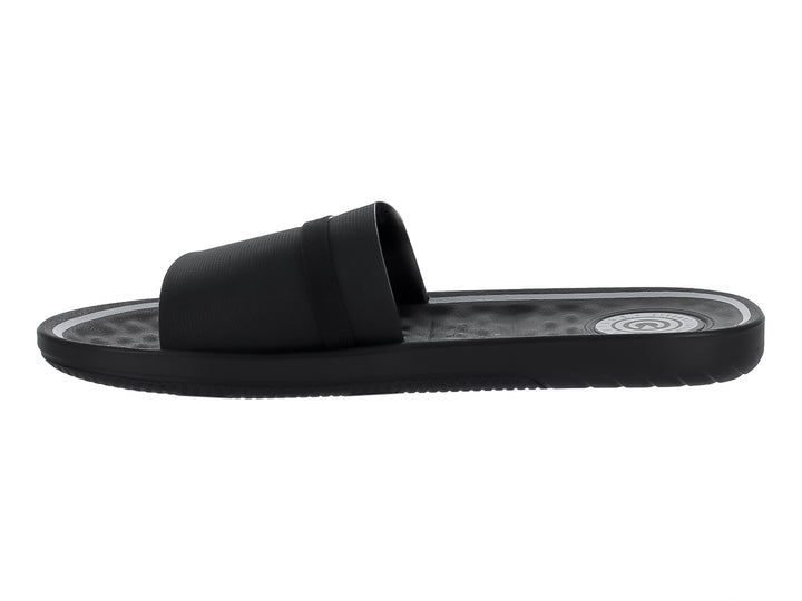 Sandalia tipo slide color negro con detalles en gris.
