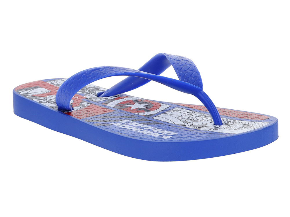 Sandalias azules de dedo para niño con estampado de personajes de Marvel en la plantilla.