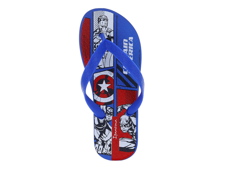 Sandalias azules de dedo para niño con estampado de personajes de Marvel en la plantilla.