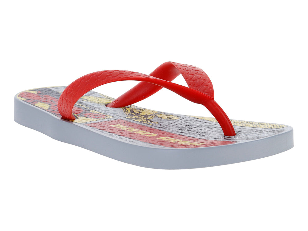 Sandalias de dedo Ipanema para niños en color rojo y gris con estampado colorido en la plantilla.