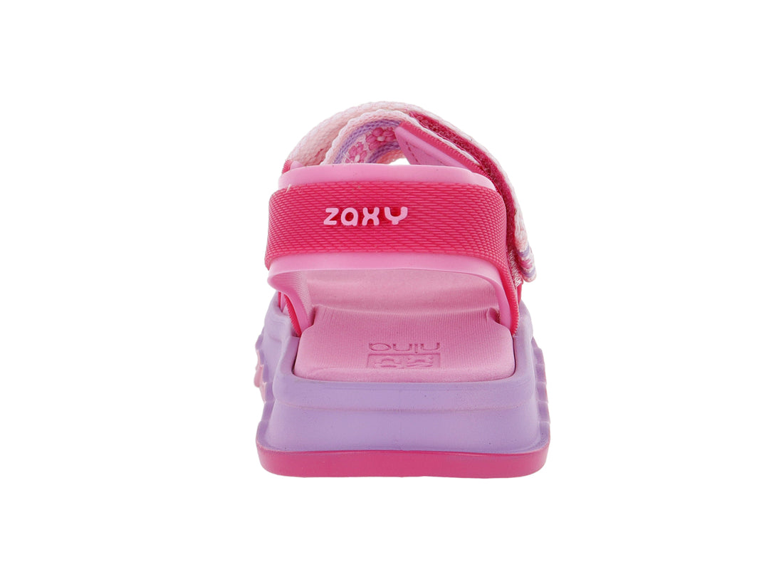Sandalia para bebé color rosa y morado con suela de plataforma y correas decoradas.