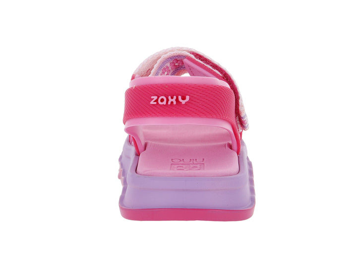 Sandalia para bebé color rosa y morado con suela de plataforma y correas decoradas.