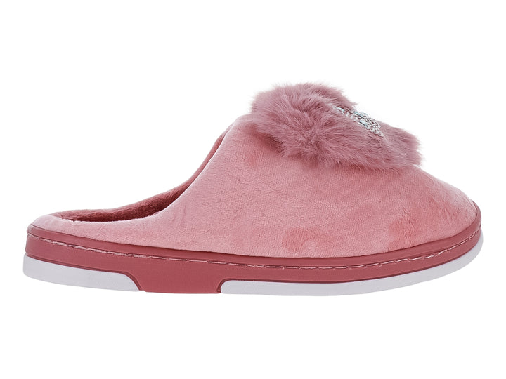 Pantufla color rosa con detalle de pompón de peluche en la parte superior y suela blanca.
