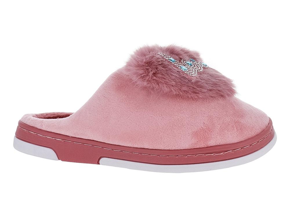 Pantufla color rosa con detalle de pompón de peluche en la parte superior y suela blanca.
